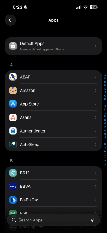 iOS Apps settings list showing installed applications alphabetically.