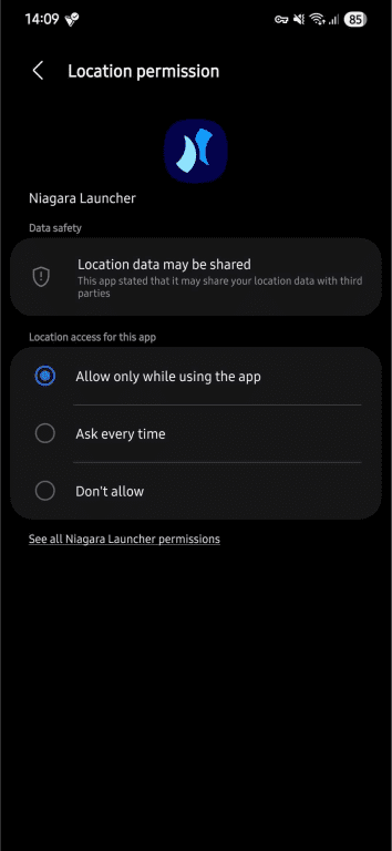 App permission settings with options like Allow while using the app.
