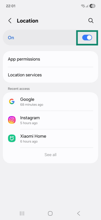 The "Location" page on an Android phone. The on and off toggle for location tracking is highlighted.