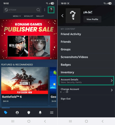 Two Android screenshots side by side. The first image shows the Steam mobile app homepage, and the profile icon is highlighted. The second screenshot shows the profile settings page, and the "Account Details" option is highlighted.