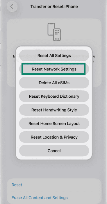 Reset Network Settings option on the iPhone.