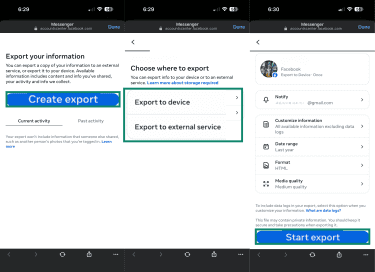 Facebook's Export your information tool in action.