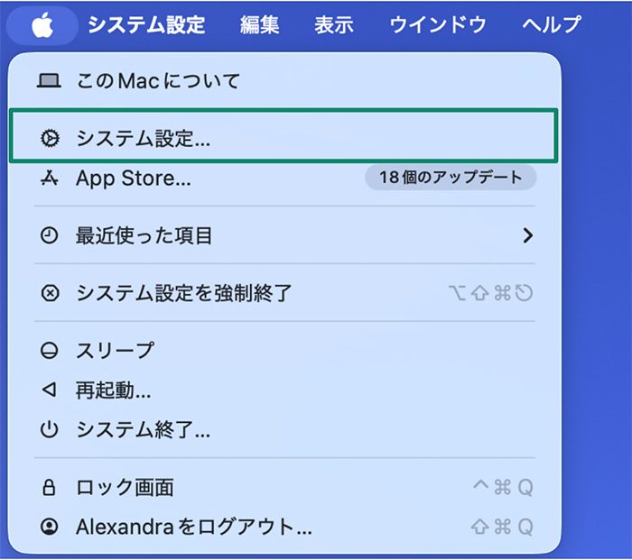 Mac's "System Settings" button highlighted in the menu. 