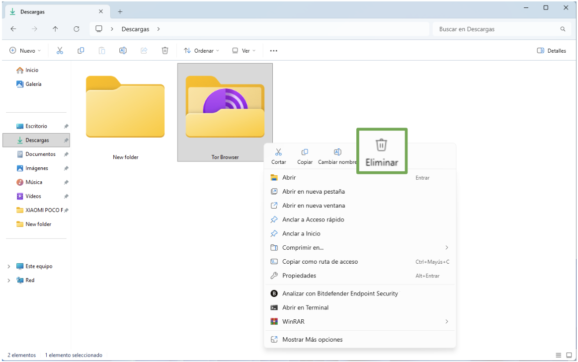 Windows 11 window showing all apps and folders in Desktop, with Tor browser folder and Delete option highlighted.