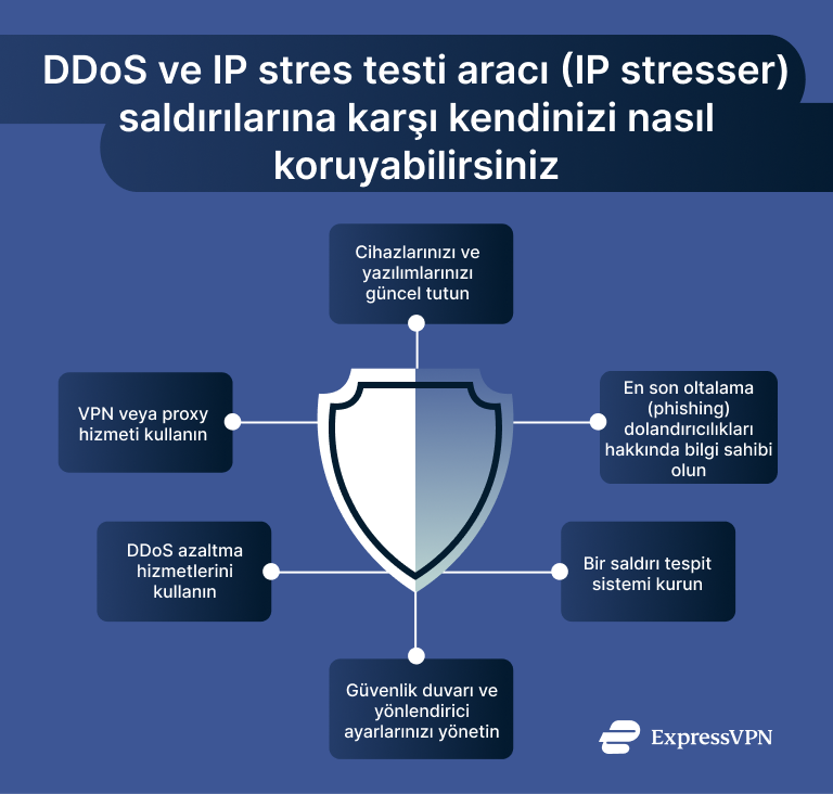 Infographic showing steps to protect yourself from DDoS and IP stresser attacks.
