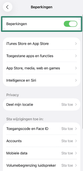 iOS screen showing Content & Privacy Restrictions toggled on.