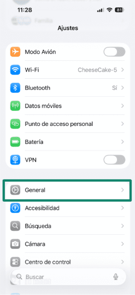 iPhone settings General menu for privacy settings.