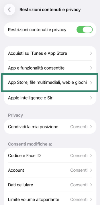 App Store, Media, Web & Games restrictions menu on iPhone.