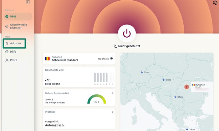 ExpressVPN macOS app with the "Add-ons" tab highlighted.