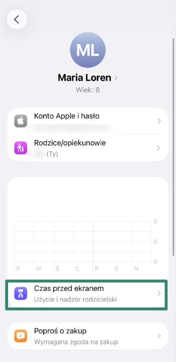 Screen Time menu opened under child’s account on iPhone.
