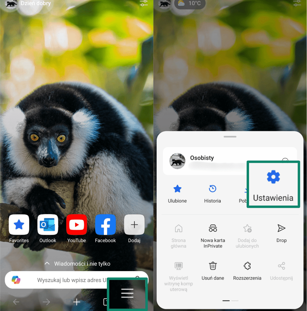 Opening Edge settings from the menu on Android