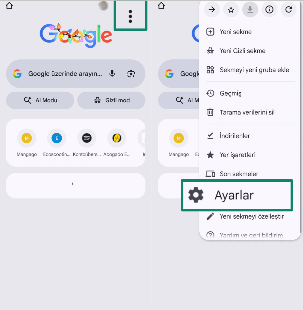 Accessing Chrome settings from the three-dot menu on Android