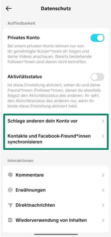 Screenshot showing how to access the sync and suggestion menus through TikTok's