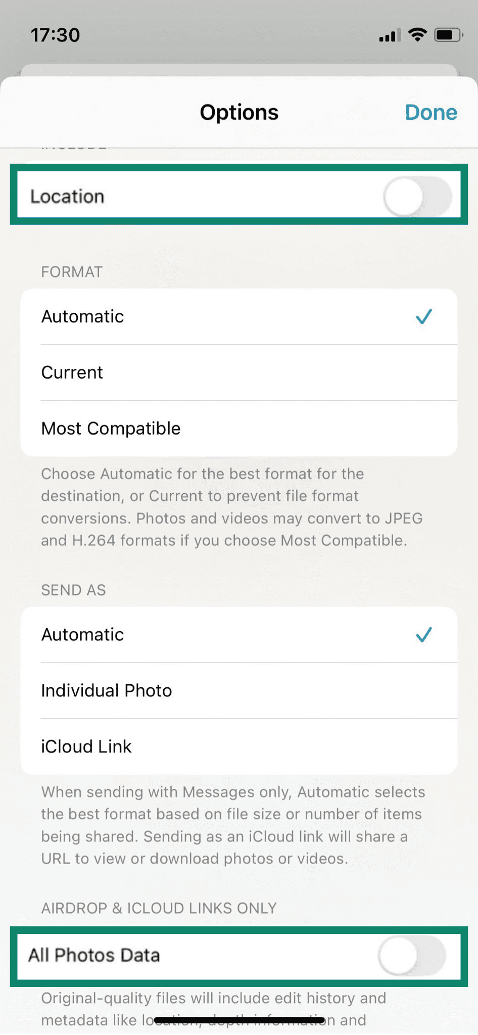The Options screen for an iPhone image, showing the Location and All Photos Data settings toggled off.