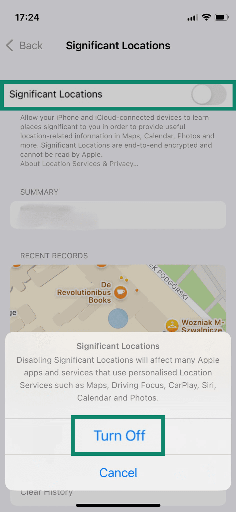 The Significant Locations page of an iPhone, with the Turn Off button highlighted.