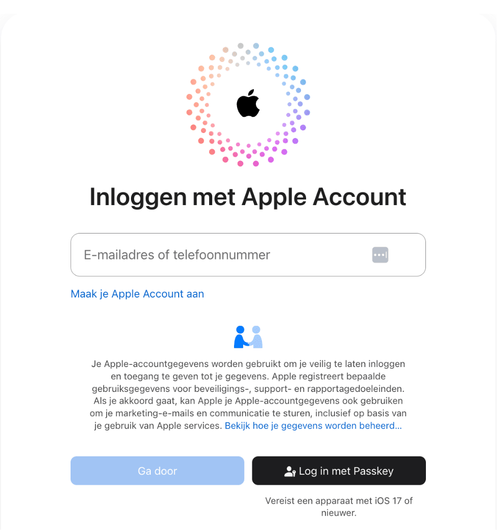 The Apple ID sign-in page, showing the input field for an Apple ID and login options.