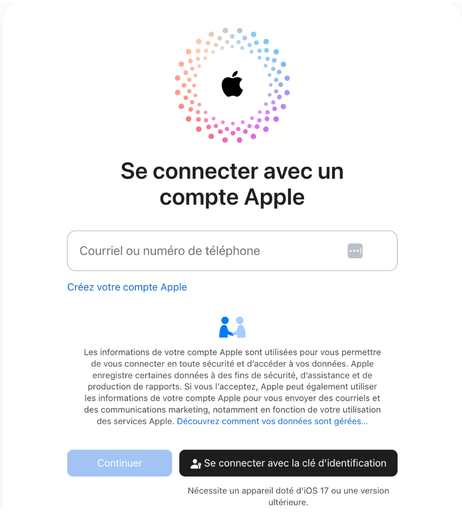 The Apple ID sign-in page, showing the input field for an Apple ID and login options.