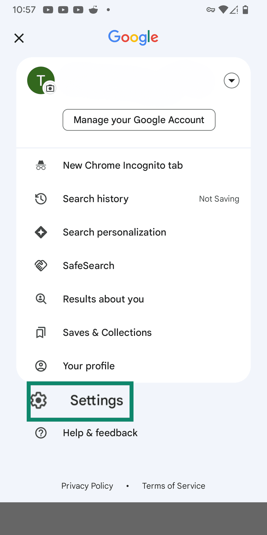The Google Settings tab.