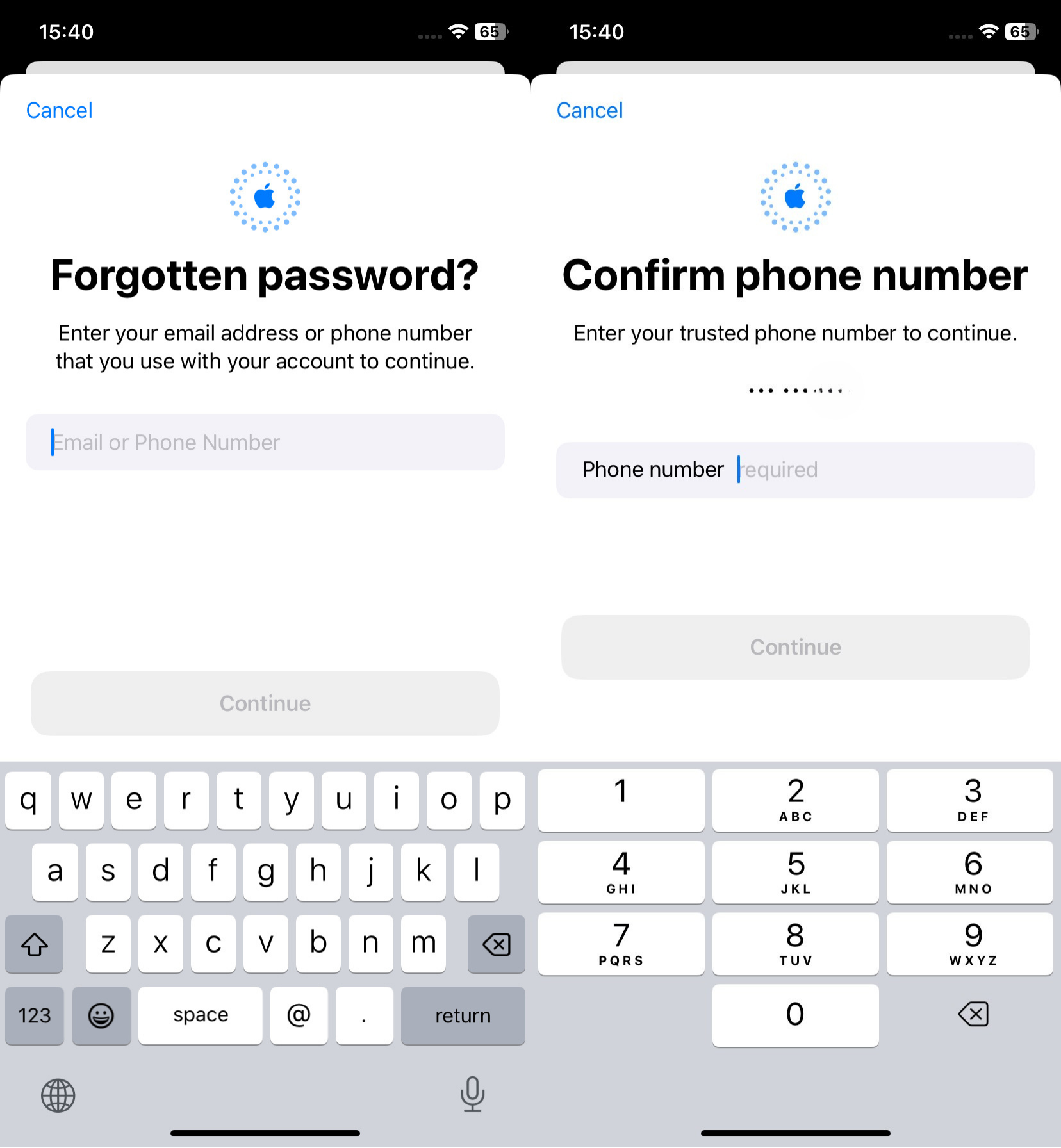 Two side-by-side screenshots showing the Forgotten password screen on iOS (left) and the option to Confirm your phone number (right)