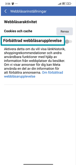 Facebook mobile app Browser settings with the Enhanced browsing toggle highlighted.