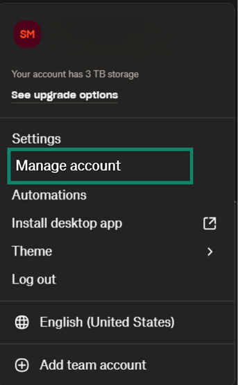 Dropbox settings dropdown menu.