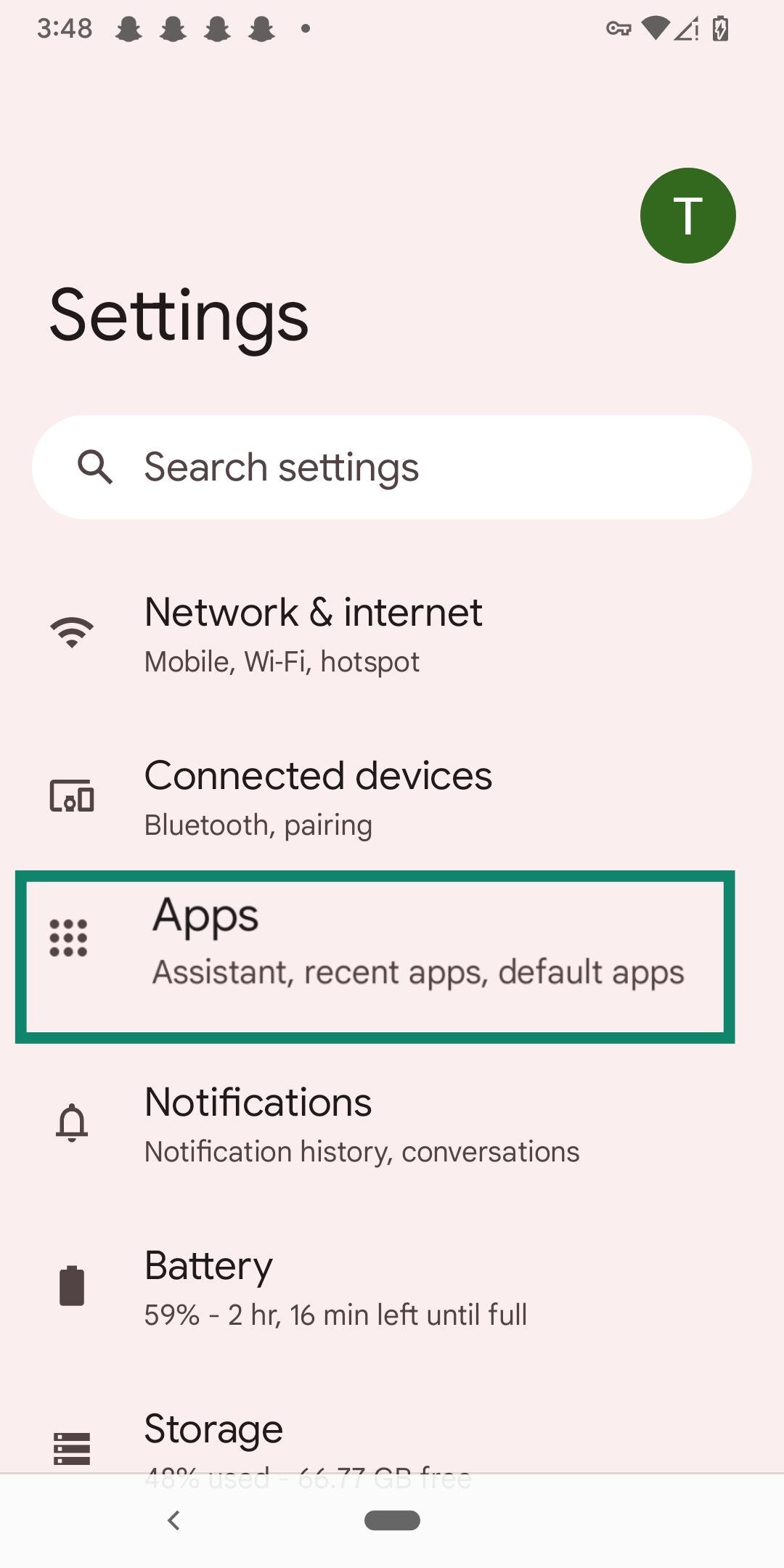 Android opened to Settings, highlighting Apps.