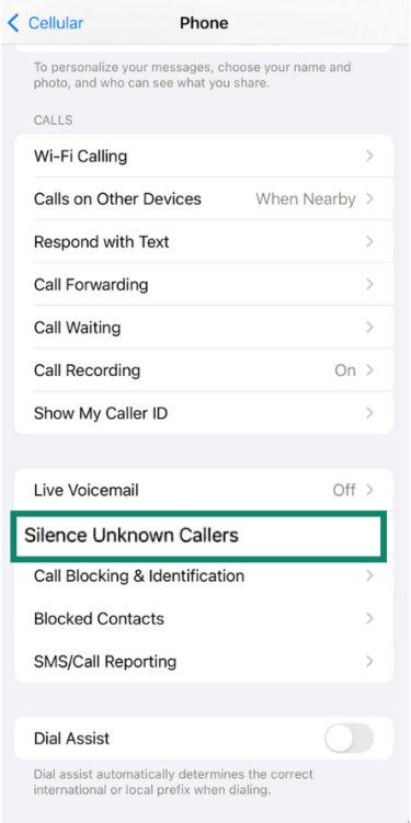 iPhone's phone settings with the “Silence Unknown Callers” option highlighted.