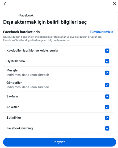 Facebook choosing what activity information to export.