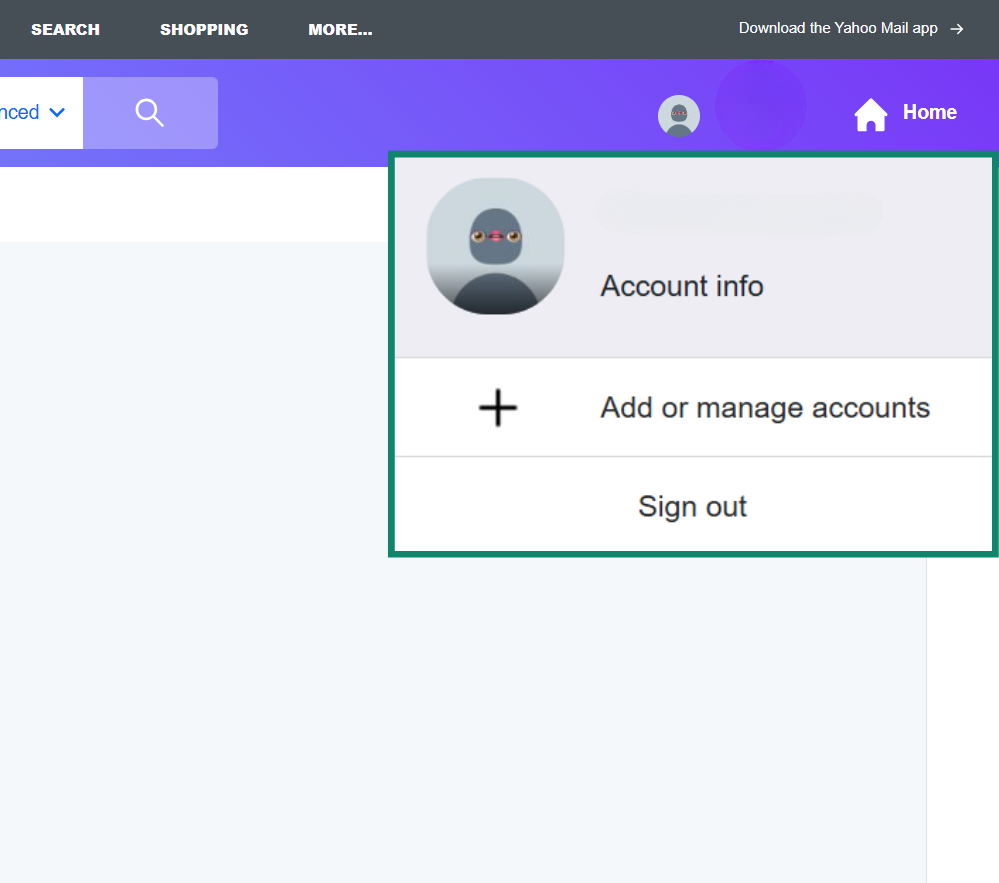 Yahoo account menu with the Account Info option highlighted.