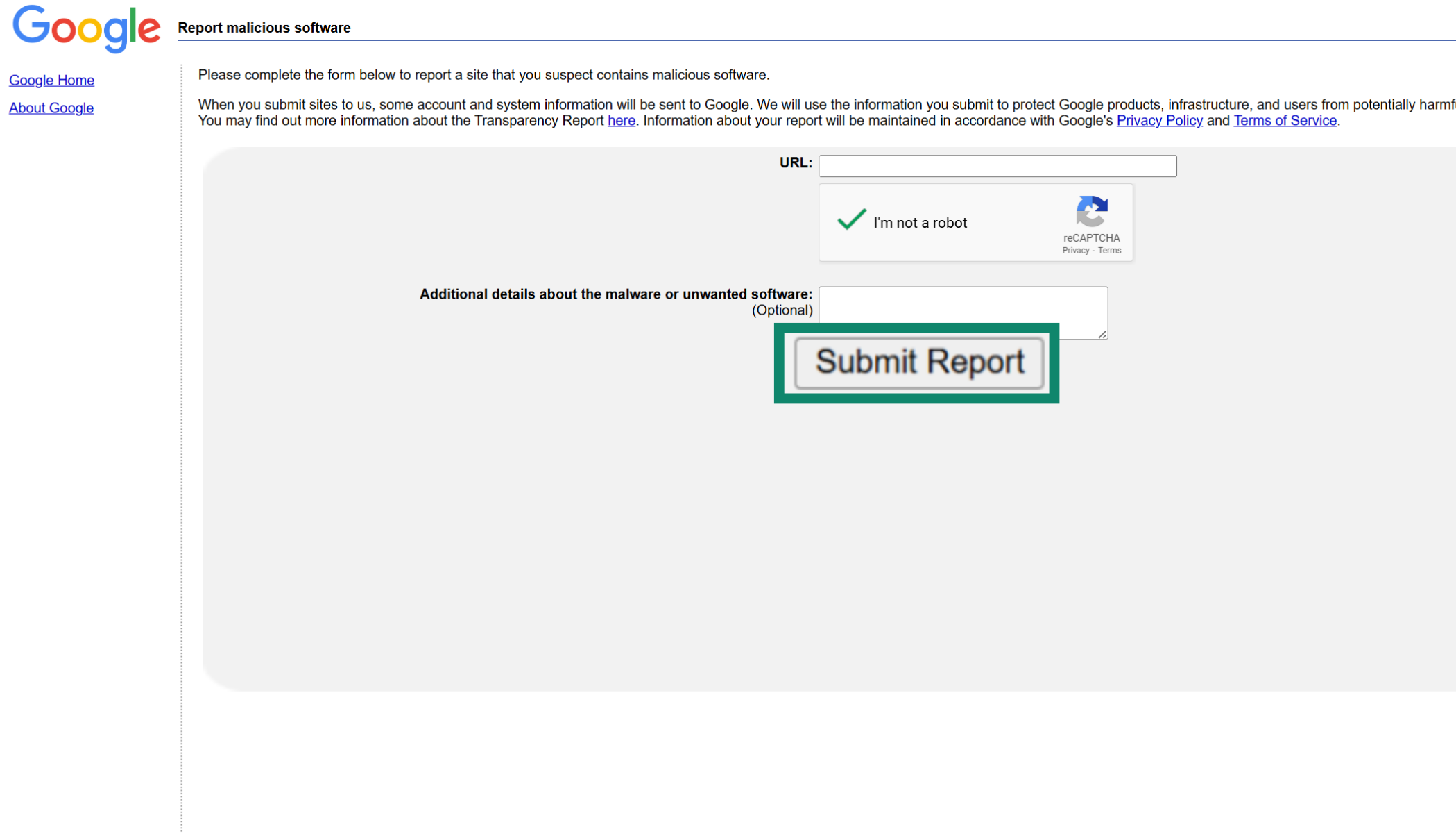 A visual guide detailing the required fields for reporting a website to Google Safe Browsing.