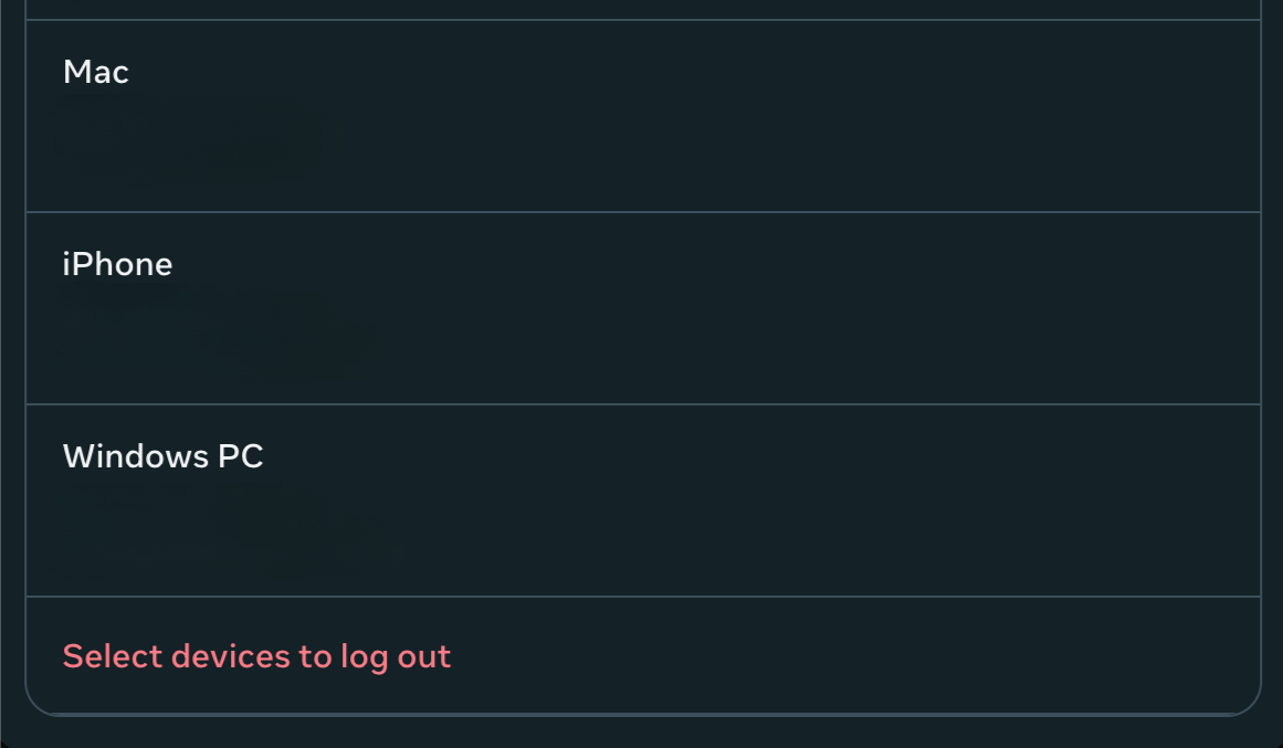 Facebook active sessions page with option to bulk select devices to log out visible.