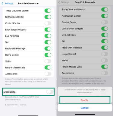 iPhone Face ID & Passcode settings with Erase Data option enabled.