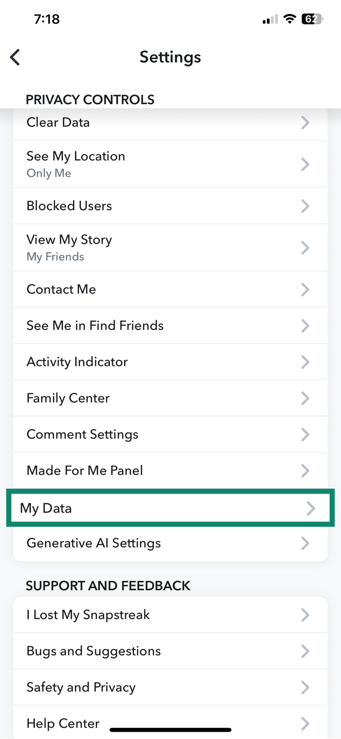 The Snapchat My Data settings on an iPhone.