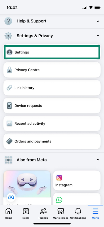 The Facebook settings on iOS.