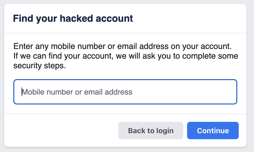 Facebook hacked account search page using email address or phone number.