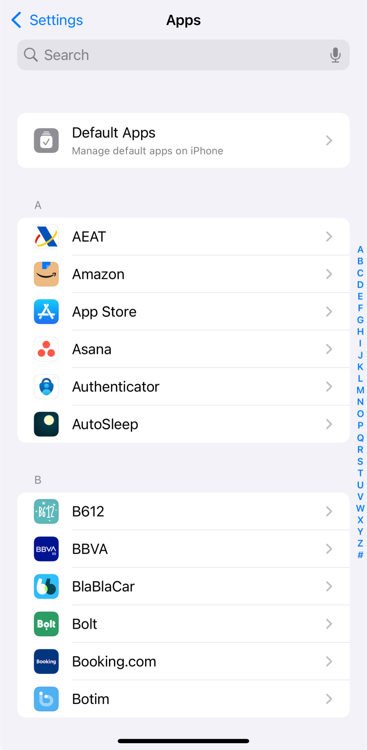 iOS Settings app showing a list of installed apps for privacy and security check