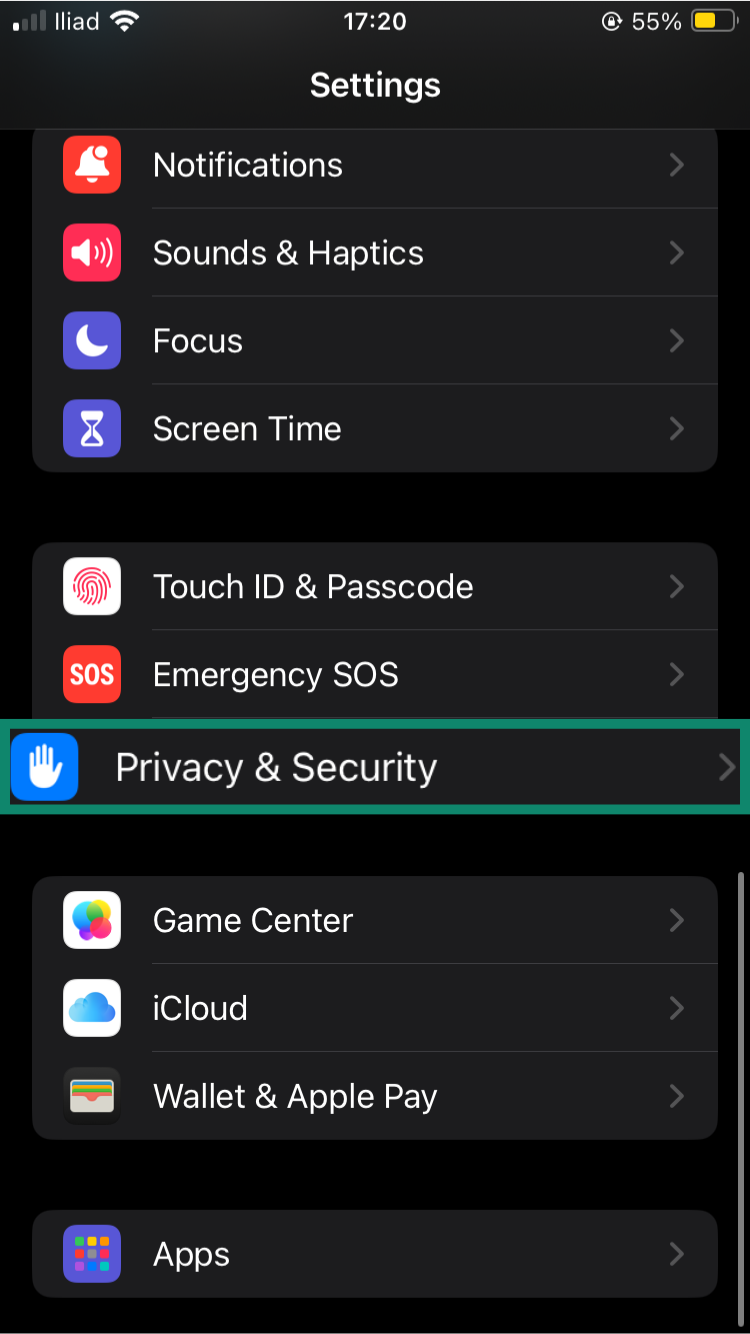 Settings menu, showing a highlighted "Privacy and Security" option.