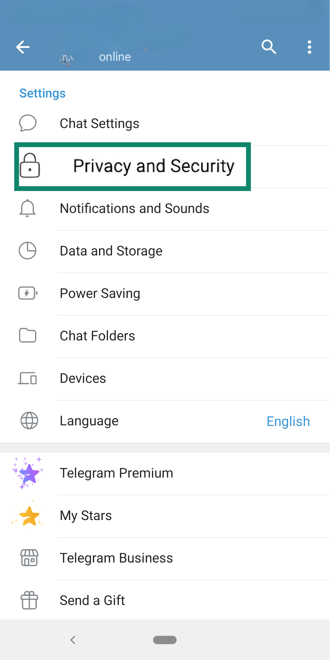 Phone screen showing Telegram Privacy and Securty setting.