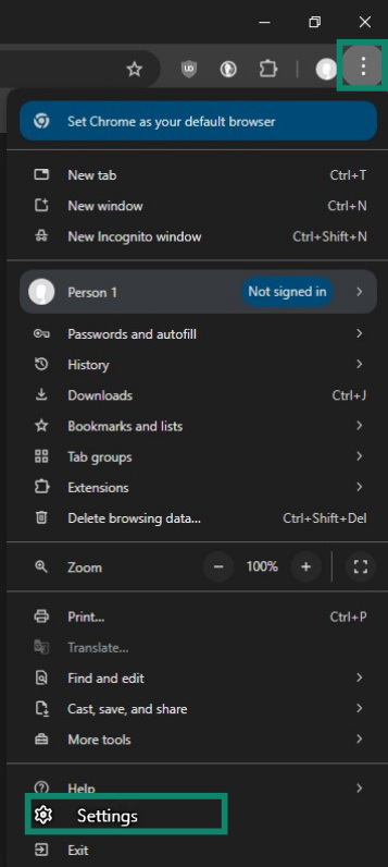 The Chrome browser showing the three-dot menu with the Settings option highlighted.