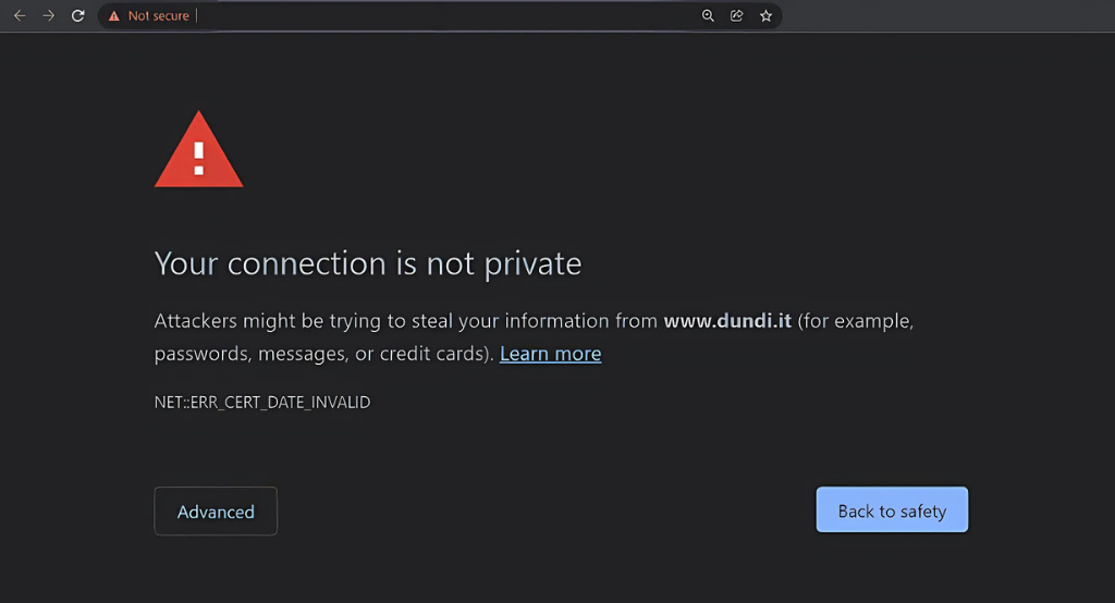 Browser privacy error screen with a warning icon, stating ‘Your connection is not private’ due to an invalid certificate.