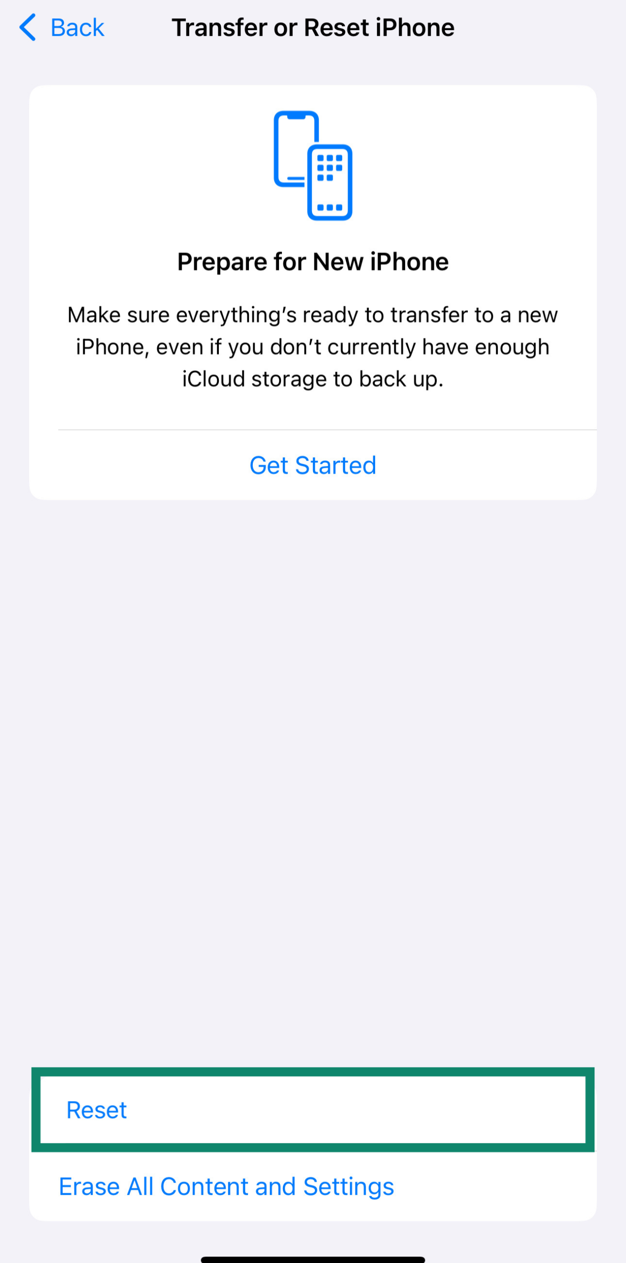 Settings app shows the Transfer or Reset iPhone screen with options to reset or erase all content.