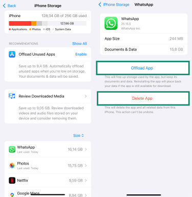 iPhone Storage settings showing WhatsApp with options to Offload or Delete App.