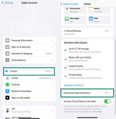 iPhone iCloud settings showing Advanced Data Protection option.