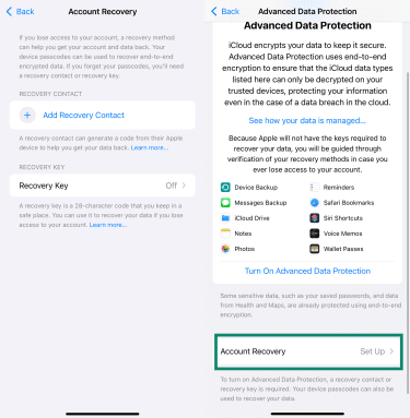 iPhone Account Recovery settings (left) and Advanced Data Protection menu with the Account Recovery option highlighted (right)