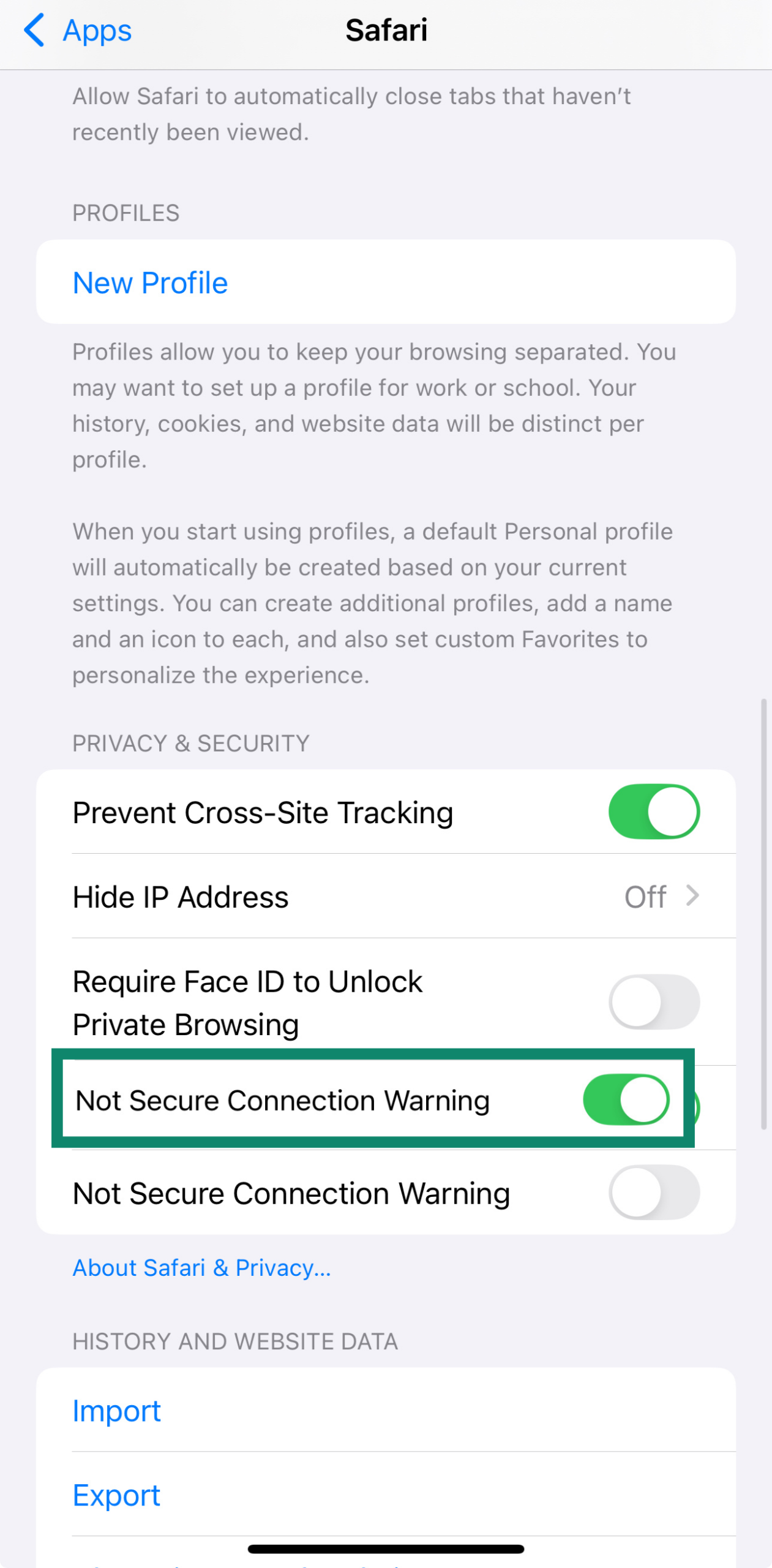 Safari settings on iPhone with Not Secure Connection Warning option highlighted