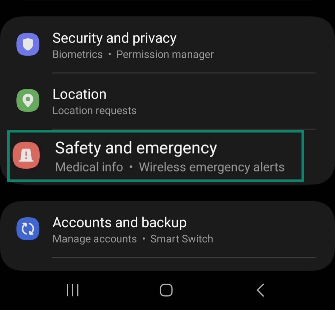 Screenshot of an Android's settings page with Safety and emergency highlighted.