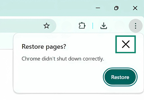 Screen showing how to choose not to restore pages.