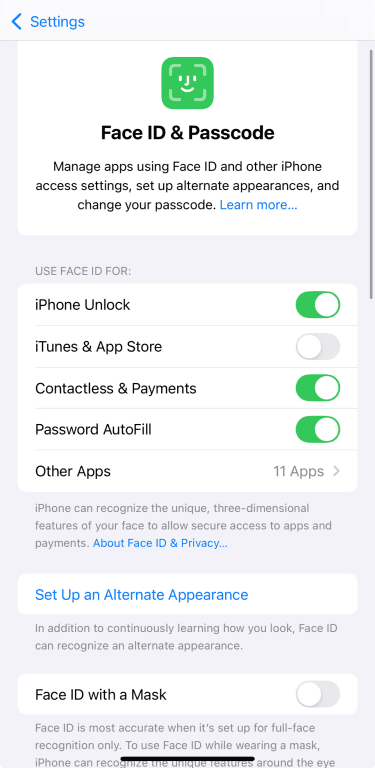 iOS screen showing Face ID & Passcode options.