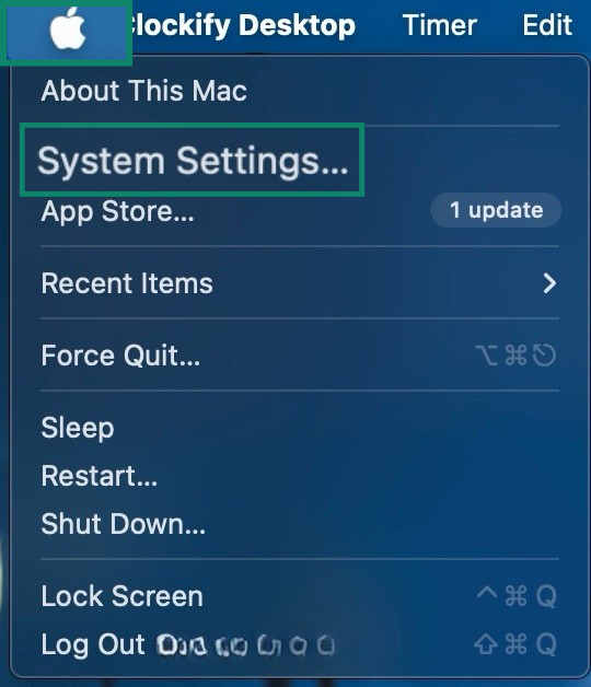 Close up of Mac's homepage with the Apple icon clicked and System Settings highlighted.