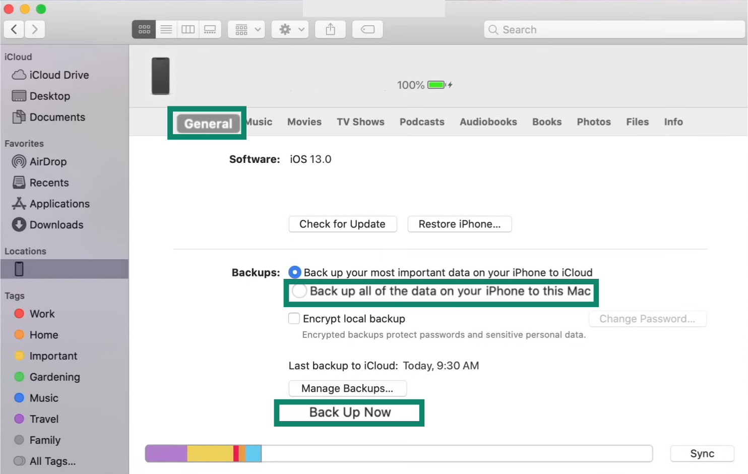 The General tab of an iPhone in Finder, showing the Back Up Now option.